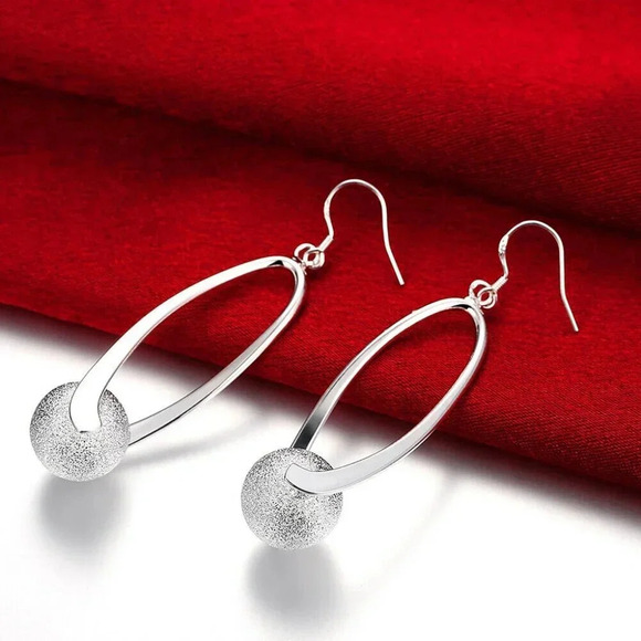 925 Sterling Silver Oval Hoop Drop Statement Earrings Round Ball Dangle Earrings - Picture 3 of 4